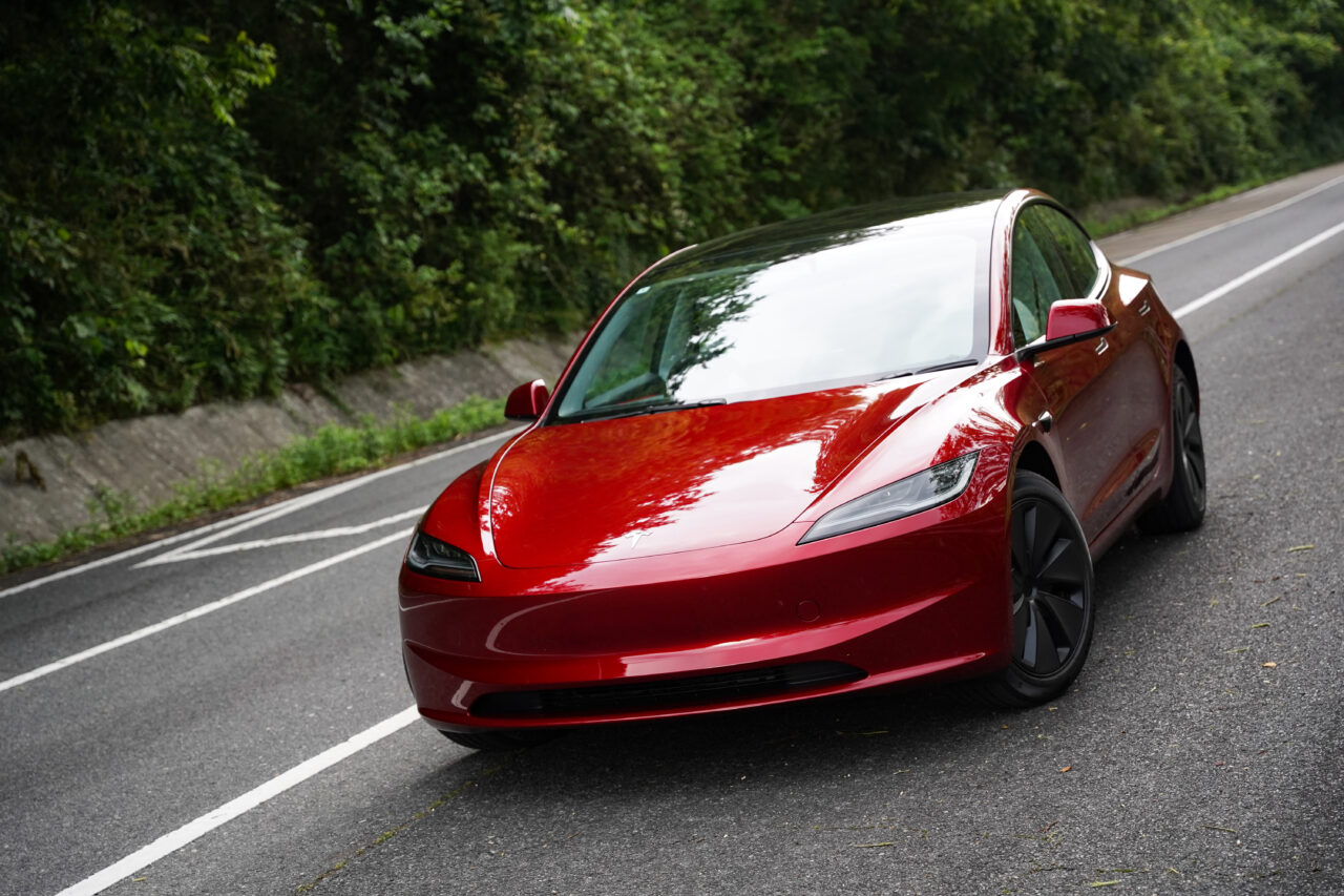 Car, road, trees, driving, public road, TESLA, Model 3, Highland