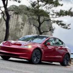 オールシーズンタイヤとテスラ | 車, 木, 岩山, 道路, 屋外, 駐車場, 観光地, TESLA, Model 3, Highland