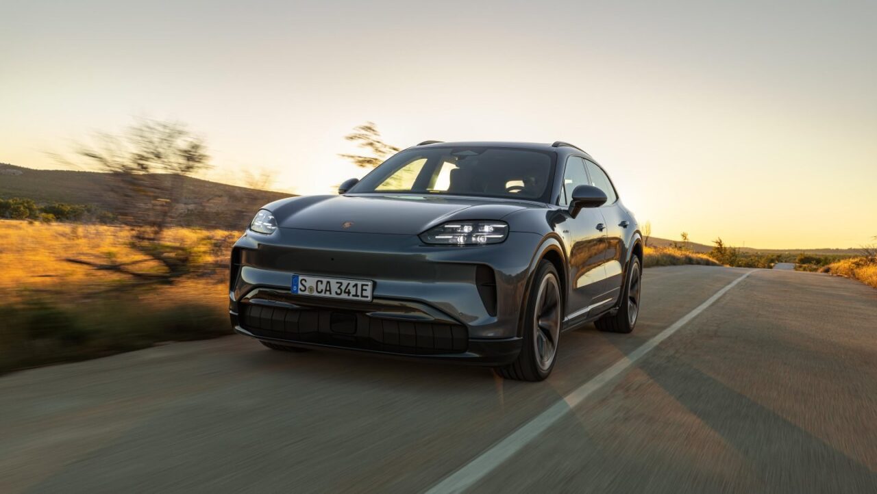 Front view of the Cayenne Electric on the road